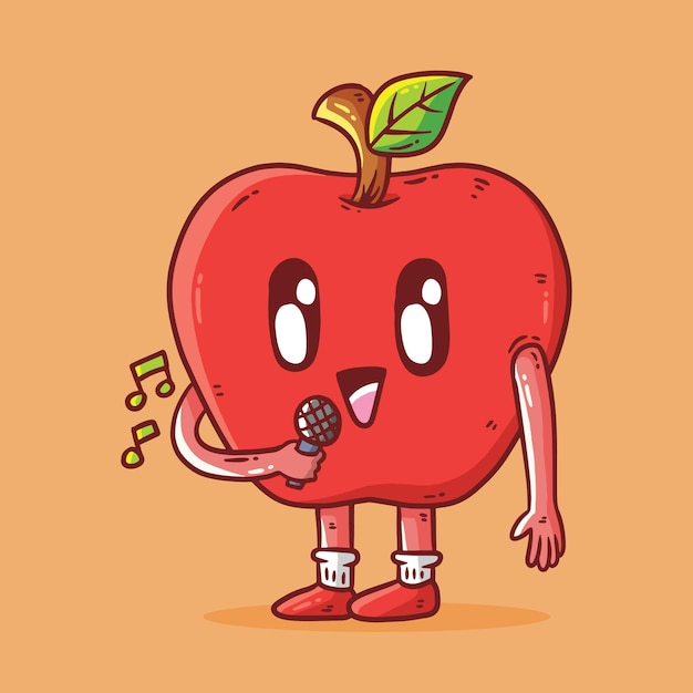 Cute happy apple fruit mascot character singing vector cartoon illustration