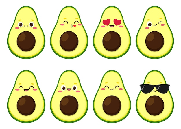 Cute happy avocado character set Funny cartoon food in flat style Fruit emoji vector illustration