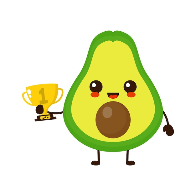 Cute happy avocado fruit with gold trophy Vector flat fruit cartoon character illustration icon