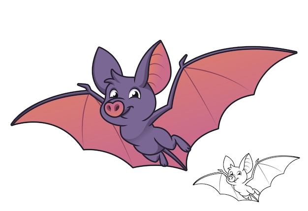 Cute Happy Baby Bat Flying with Black and White Line Art Drawing