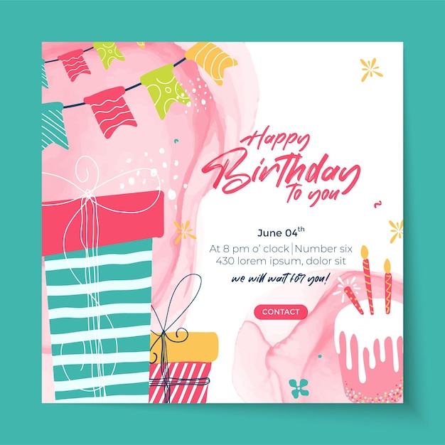 Cute happy birthday card with cake and candles vector illustration