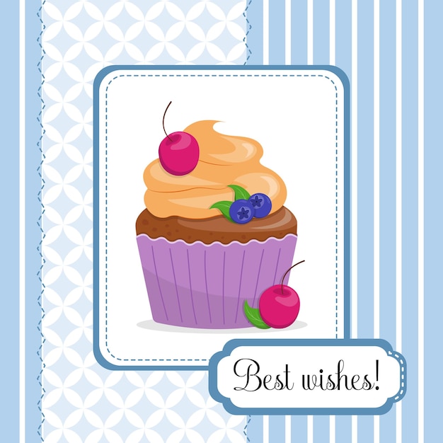 Cute Happy Birthday card with a cupcake with cherries and blueberries Flat style vector illustration