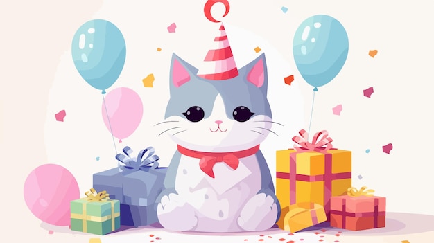 Vector cute happy birthday inscription with adorable cartoon cat character