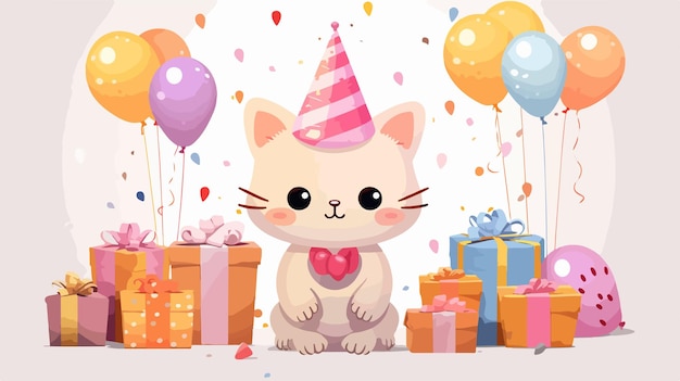 Vector cute happy birthday inscription with adorable cartoon cat character