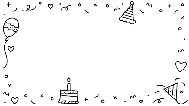 Cute Happy Birthday Party Confetti Black White Doodle Background Border Frame Invitation Card Note