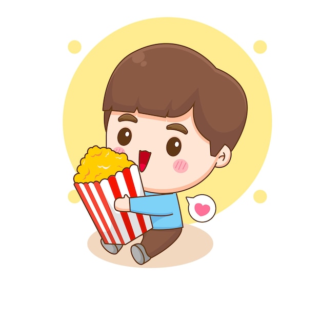 Cute happy boy eating popcorn Chibi cartoon character Vector art illustration