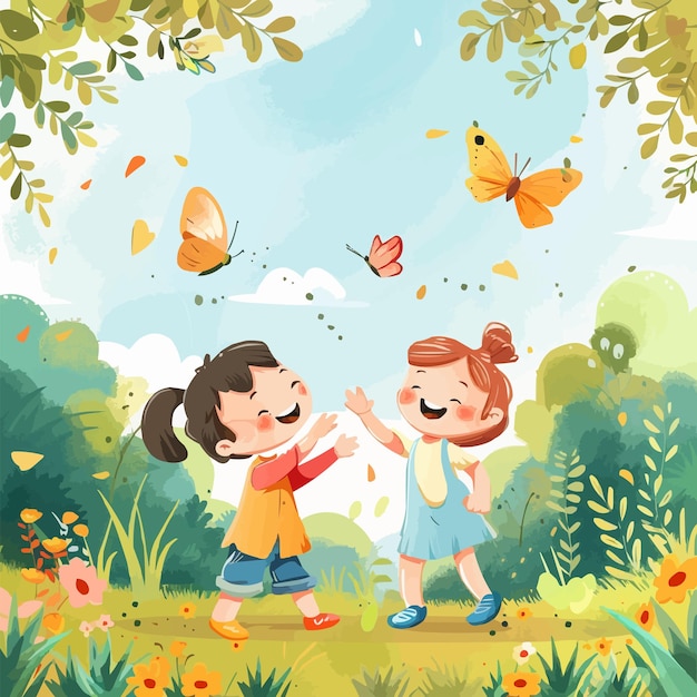 A cute happy boy and a girl catching a butterfly in the park vector illustration