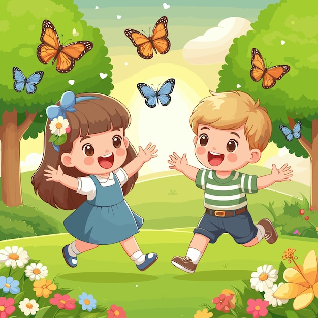 A cute happy boy and a girl playing with butterflies in the park vector illustration