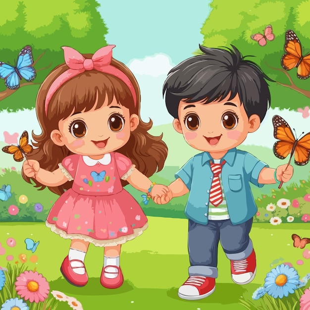 A cute happy boy and a girl playing with butterflies in the park vector illustration