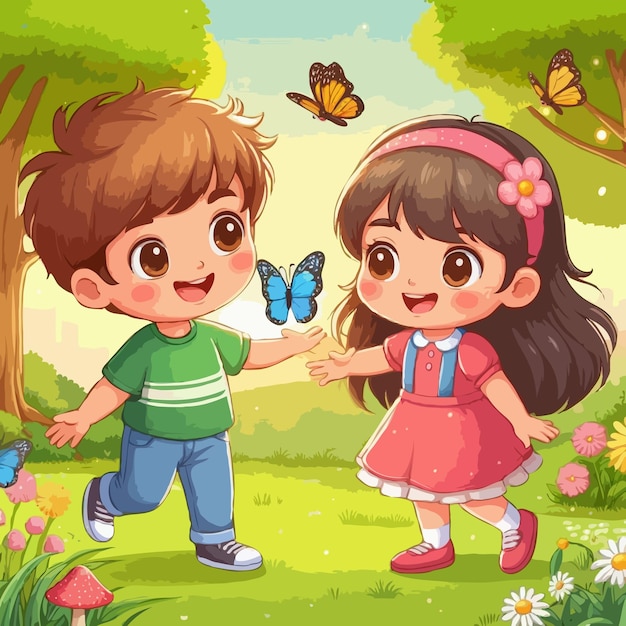 A cute happy boy and a girl playing with butterflies in the park vector illustration