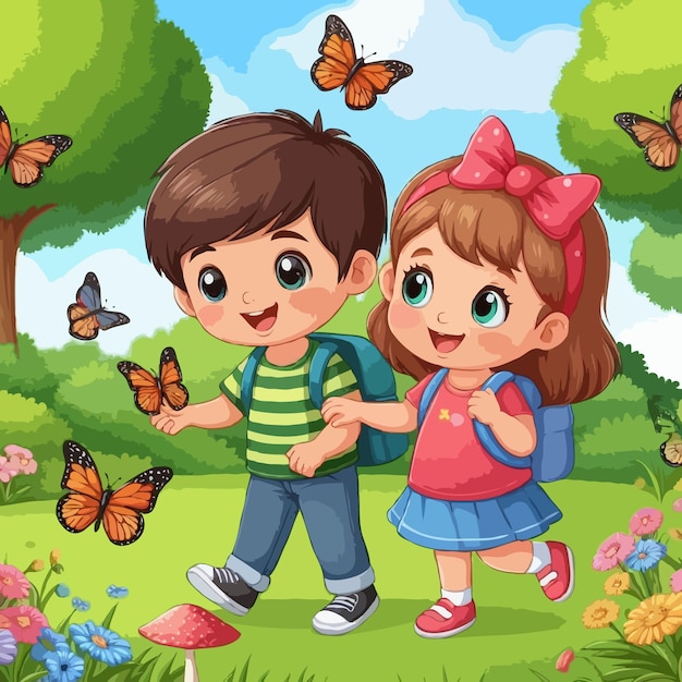 A cute happy boy and a girl playing with butterflies in the park vector illustration