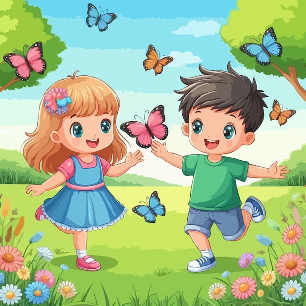 A cute happy boy and a girl playing with butterflies in the park vector illustration