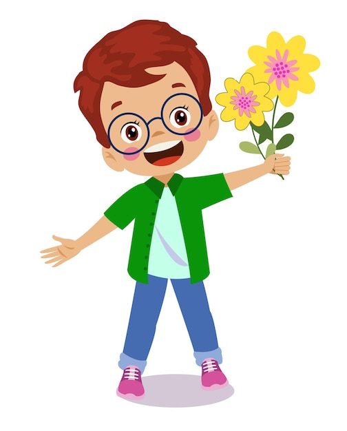 Cute happy boy holding flower