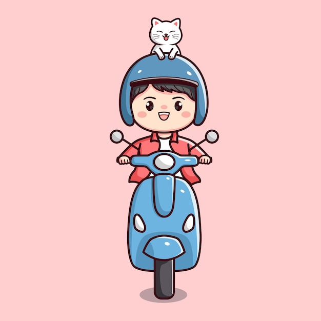 Cute happy boy or man riding motorcycle scooter with cute cat flat outline character chibi kawaii