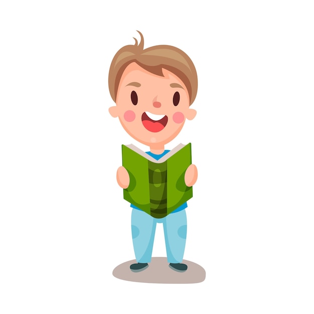 Cute happy boy reading a book, education and knowledge concept, colorful character vector Illustration on a white background