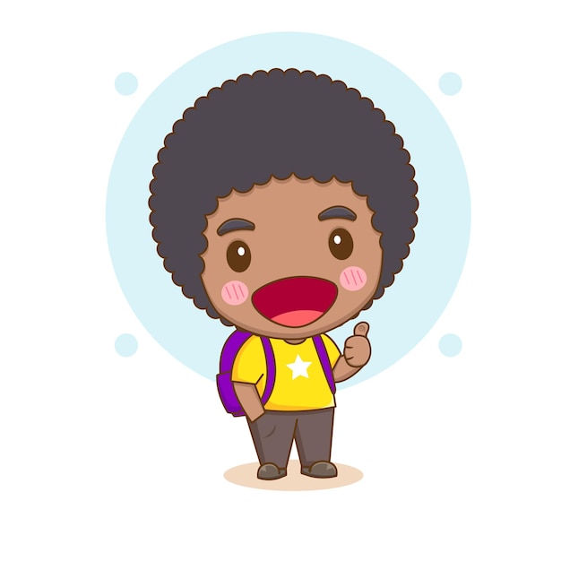 Cute happy boy with backpack showing thumb up Chibi cartoon character Vector art illustration