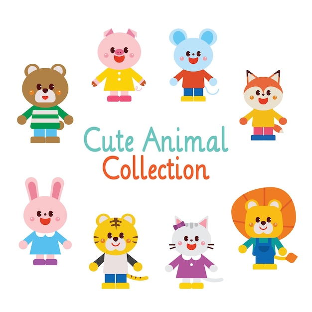 Cute happy cartoon animals collection set