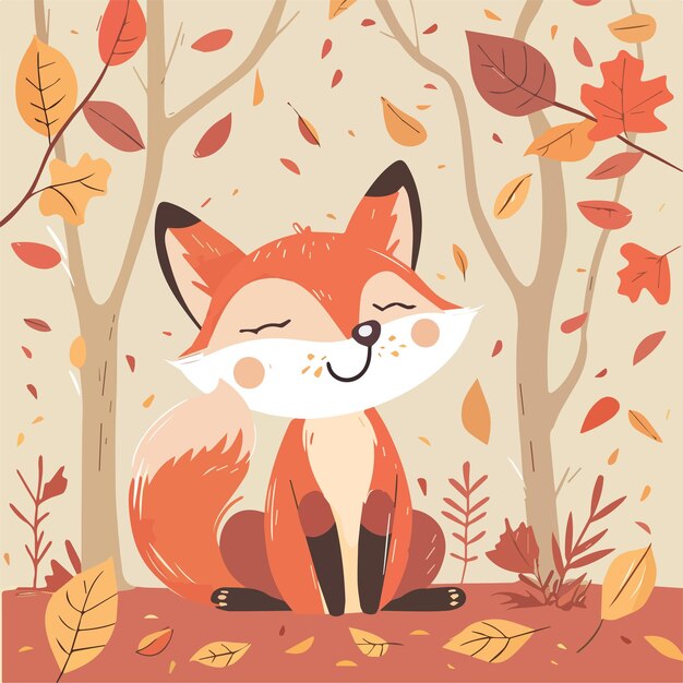 Vector cute happy cartoon fox sitting in autumn forest surrounded by colorful leaves woodland animals fall foliage illustration for kids