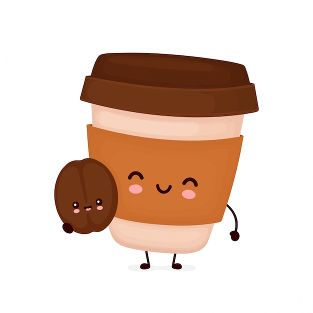 Cute happy coffee paper cup with brown bean.