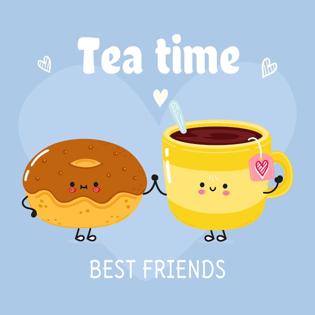 Cute happy cup of tea and donut card