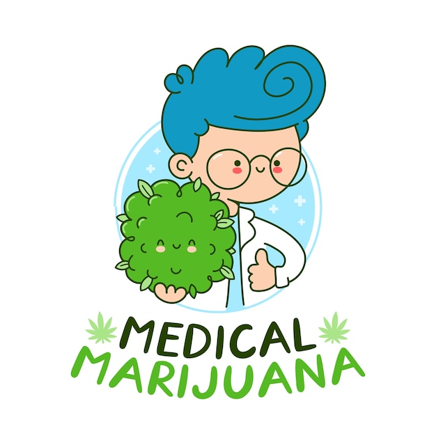 Cute happy doctor hold cannabis bud.   flat line cartoon kawaii character illustration