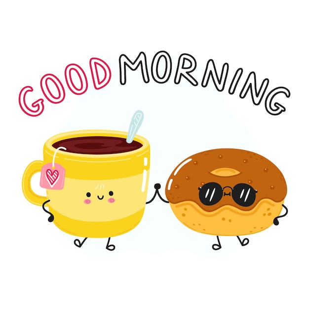 Vector cute happy donut and coffee cup