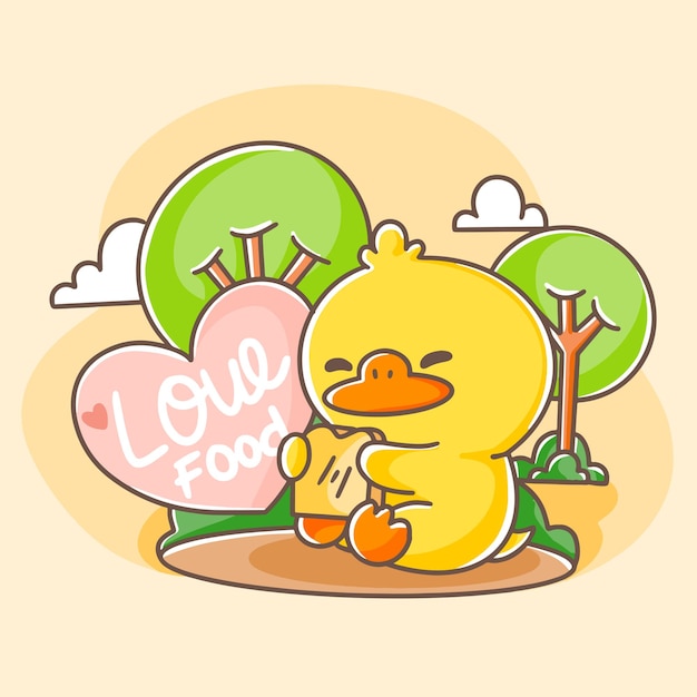 Cute Happy Duck Eating Bread Postcard Doodle Illustration