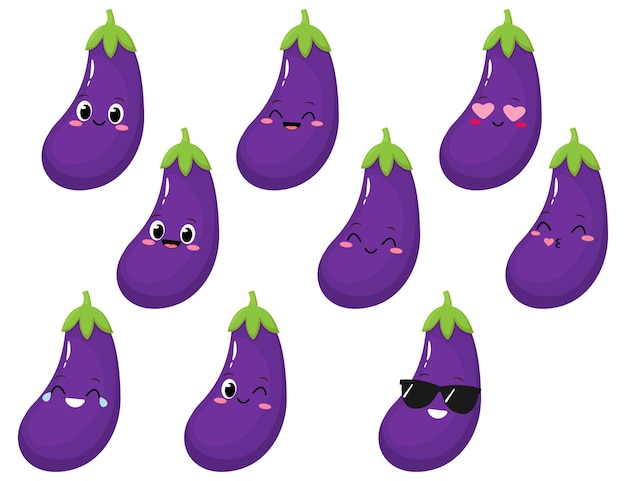 Cute happy eggplant cartoon emoji set