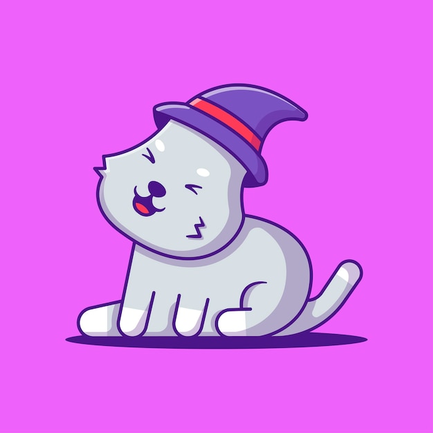 Cute Happy face Cat with Witch Hat Cartoon Illustration. Halloween Flat cartoon Style Concept