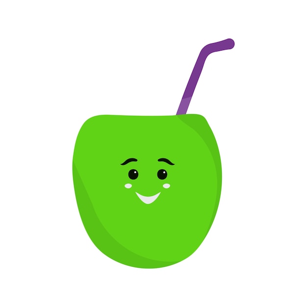 Cute Happy Face Coconut Drink Flat Icon In Green And Purple Color