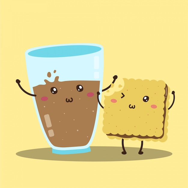 Cute happy fresh chocolate milk and cookies vector design