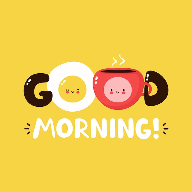 Cute happy fried egg and coffee cup. Vector cartoon character illustration design,simple flat style. Fried egg and cup character concept. Good morning card,poster