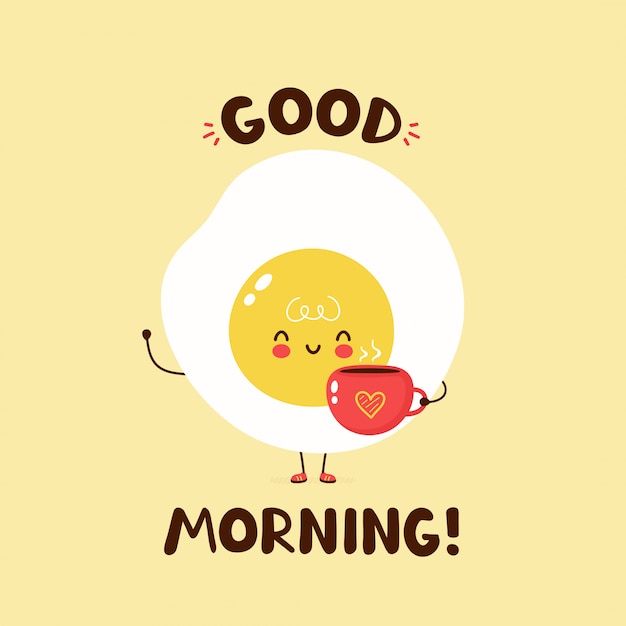 Cute happy fried egg hold coffee cup with heart. Vector cartoon character illustration design,simple flat style. Fried egg and cup character concept. Good morning card,poster,sticker