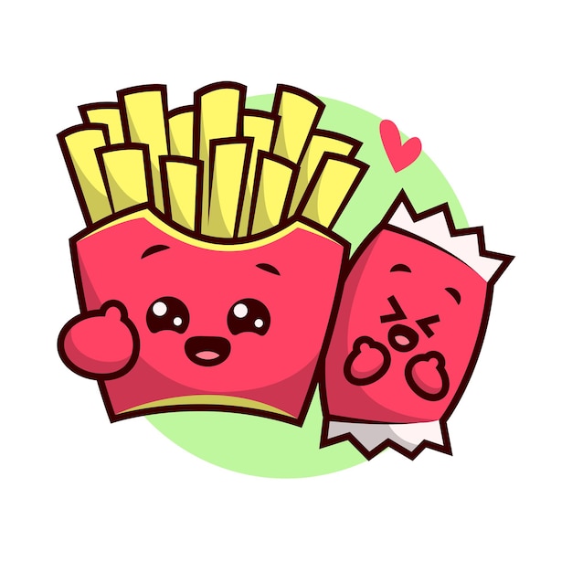 CUTE HAPPY FRIES AND CHILI KETCHUP CARTOON MASCOT DESIGN