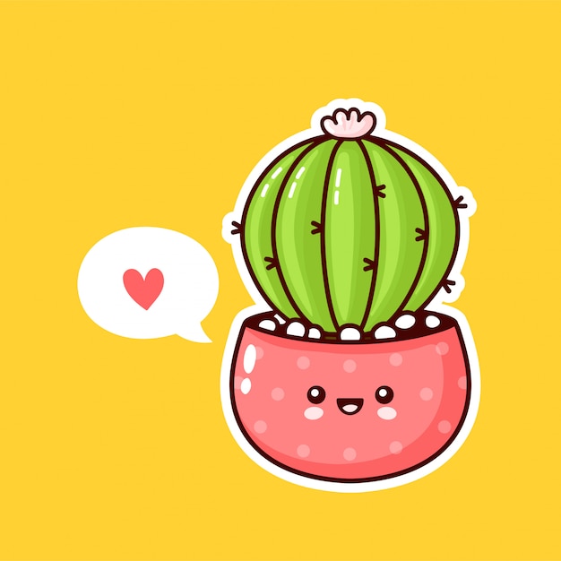 Cute happy funny cactus plant in pot with speech bubble.   flat cartoon kawaii character illustration icon design. Succulents love concept