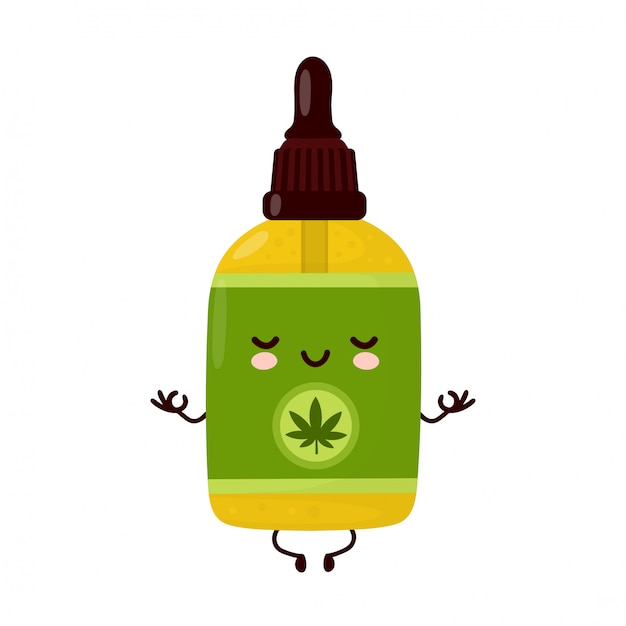 Cute happy funny cannabis CBD oil bottle meditate.   cartoon character illustration icon design.Isolated