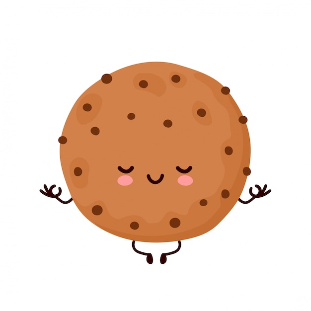 Cute happy funny chocolate cookie meditate. Vector cartoon character illustration design.Isolated