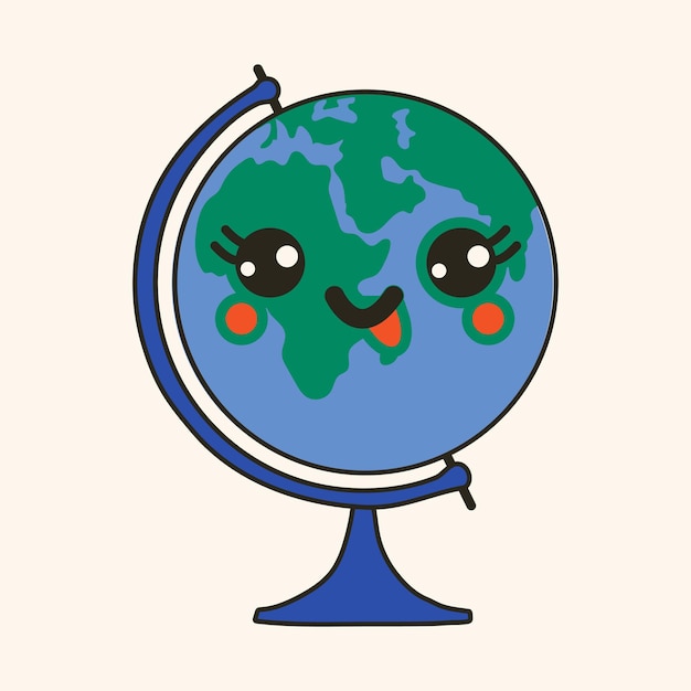 Vector cute happy funny earth globe with kawaii eyes cartoon cheerful school mascot