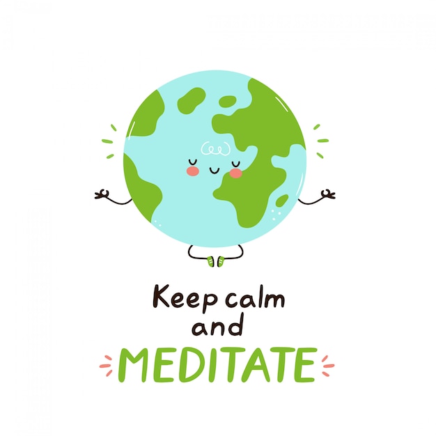 Cute happy funny Earth planet meditate. Vector cartoon character illustration design.Isolated. Meditation concept