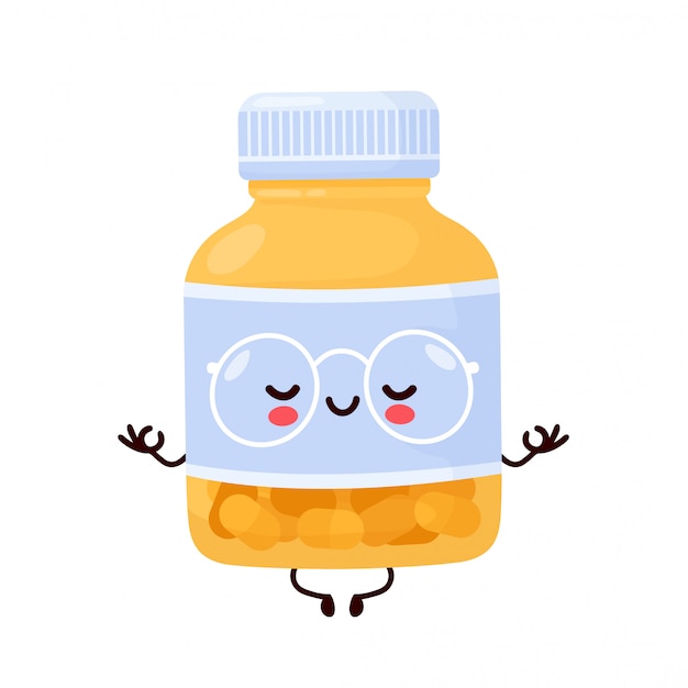 Cute happy funny pill bottle meditate.   cartoon character illustration icon design.Isolated