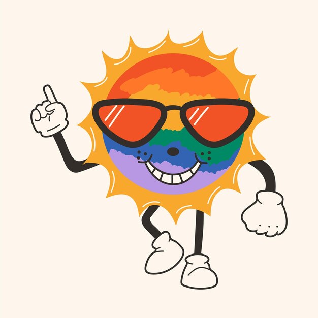 Vector cute happy funny rainbow sun 30s cartoon mascot character 40s 50s 60s old animation style