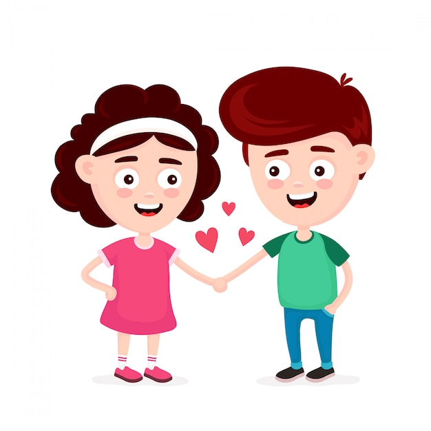 Cute happy funny smiling boy and girl in love.  flat cartoon character icon . Isolated on white . Kids hold hand,friends couple,romantic 