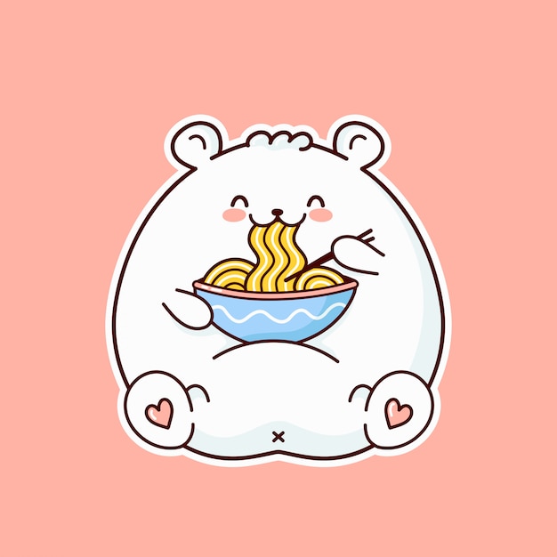 Cute happy funny white bear eat noodle from bowl.