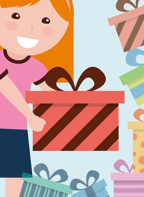 cute happy girl giving gift box wrapped decoration vector illustration