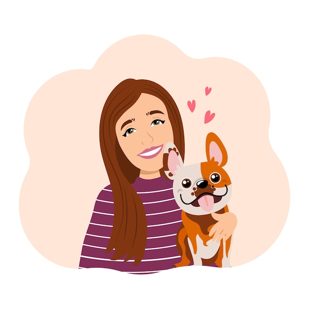 Cute happy girl with funny dog. The concept of love and care for pets. Illustration, vector