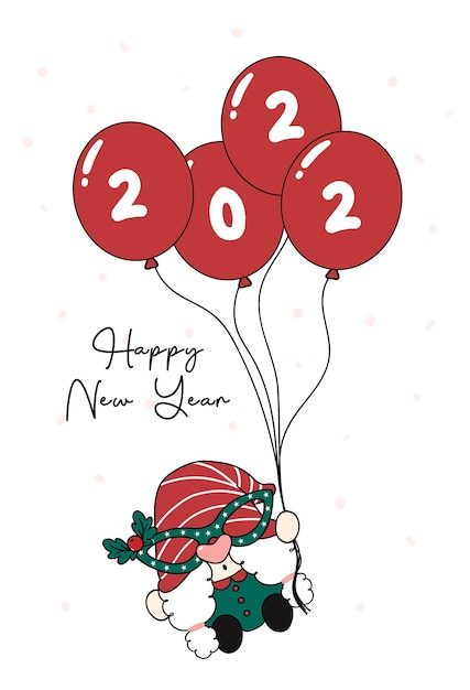 Vector cute happy gnome girl holding group of red balloons 2022, cartoon flat vector outline