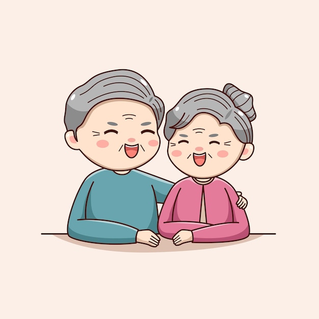 Cute happy grandparent laughing together kawaii chibi character vintage design valentines day couple