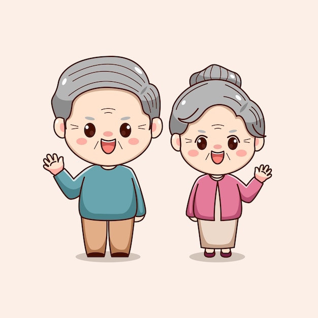 Cute happy grandparent waving hand kawaii chibi character vintage design valentines day couple