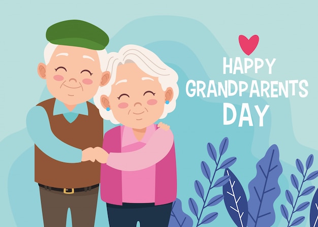 Cute happy grandparents couple and lettering with heart