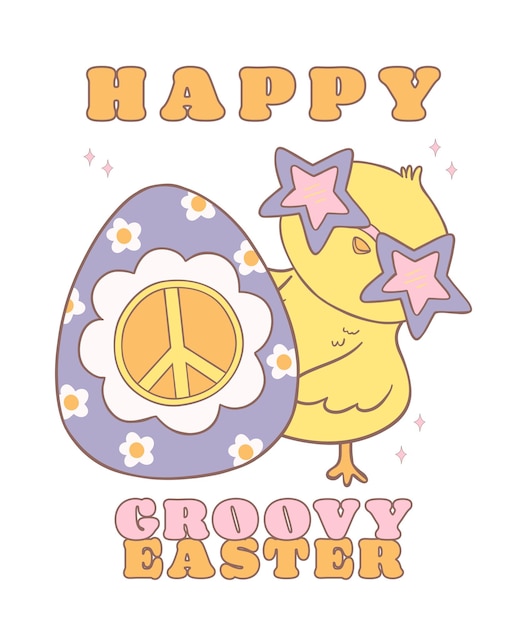 Cute Happy Groovy Easter Chick with Retro Easter egg Playful cartoon doodle animal character drawing